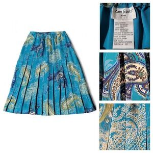 Vintage Ann Travis Petite 12 Pleated Paisley Midi Skirt Blue Green Flawless